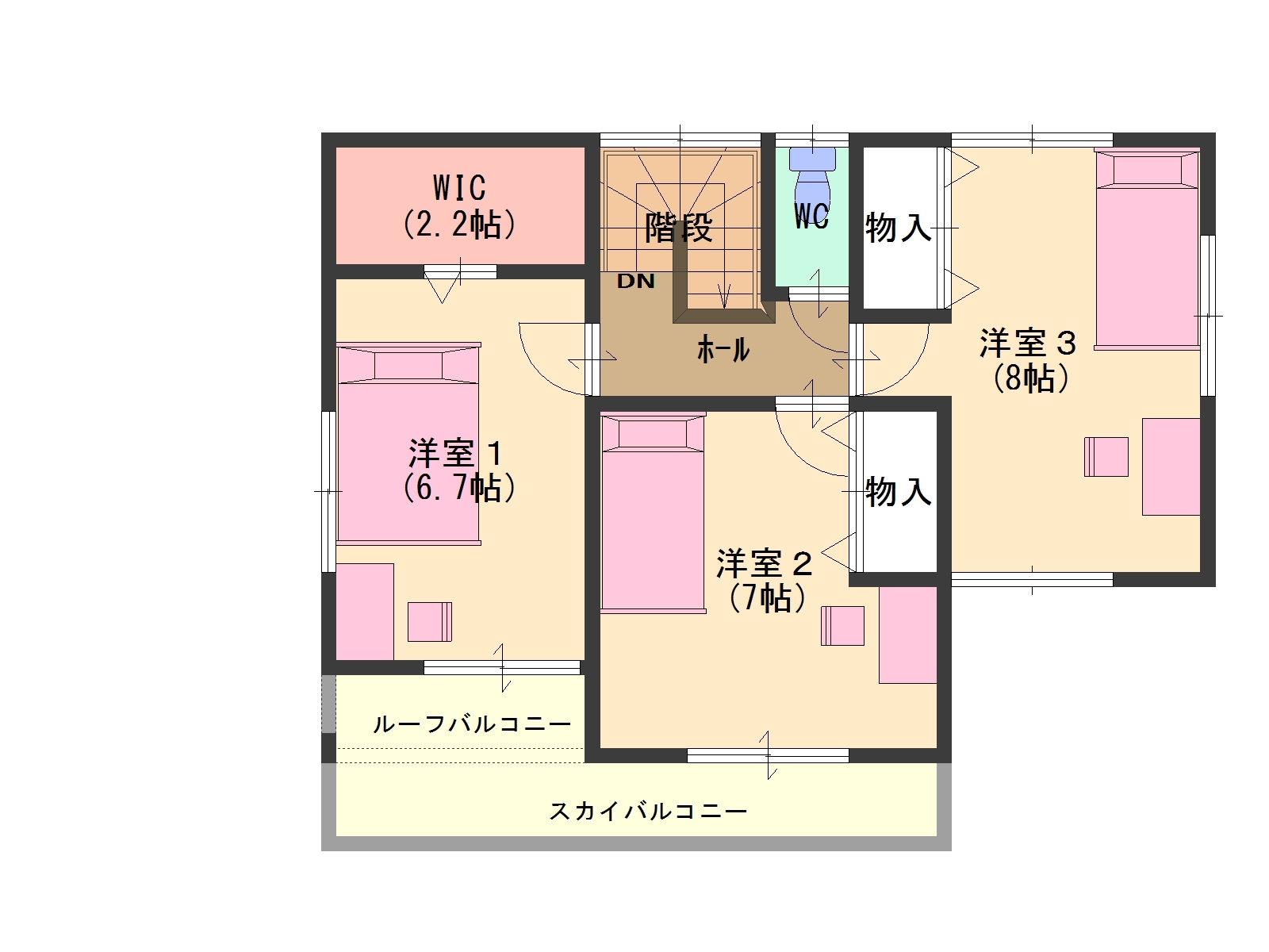 インナーガレージのある家 1 2階平面図